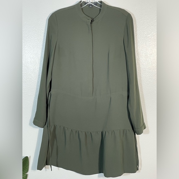 All Saints Dresses & Skirts - All Saints Lin Sleeve Mini Relax Dress Dark Olive Green Tie Waist Tier S Sz 4